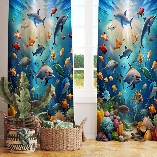 Under Sea Fishes Kids Curtains & Gift Pillow Covers, Custom Nursery Drapes Aquarium Fish Window Treatment for Child Bedroom Decor