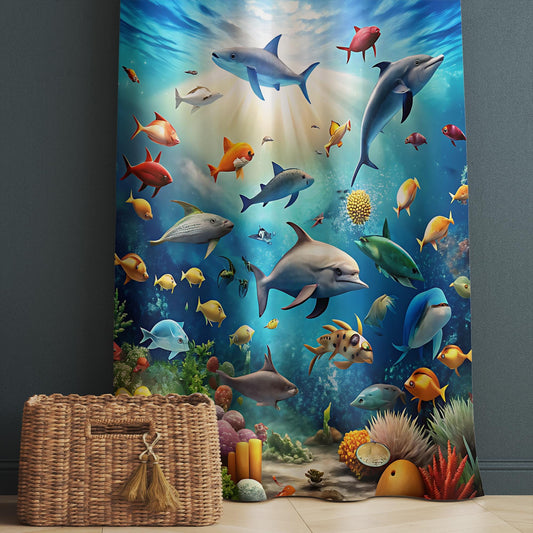 Under Sea Fishes Kids Curtains & Gift Pillow Covers, Custom Nursery Drapes Aquarium Fish Window Treatment for Child Bedroom Decor