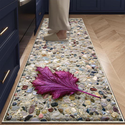 Purple Leaf Kitchen Runner Rug - Non-Slip, Washable Floor Mat for Kitchen & Home Decor, Modern Stone Wash Design