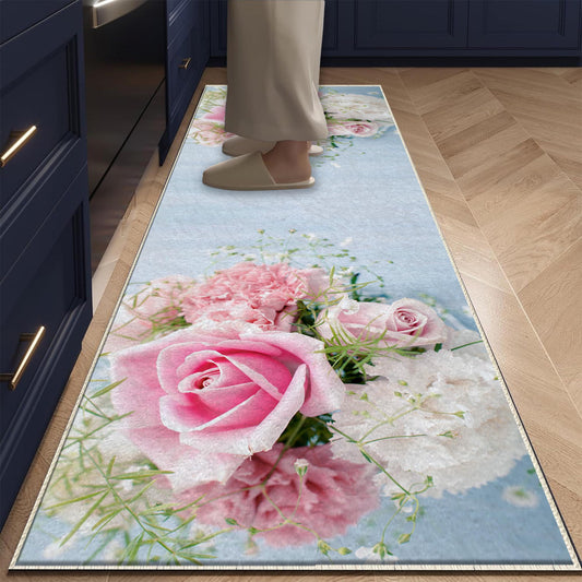 Pink Roses Kitchen Runner Rug Non-Slip Washable Floor Mat Floral Modern Design Home Decor Rug