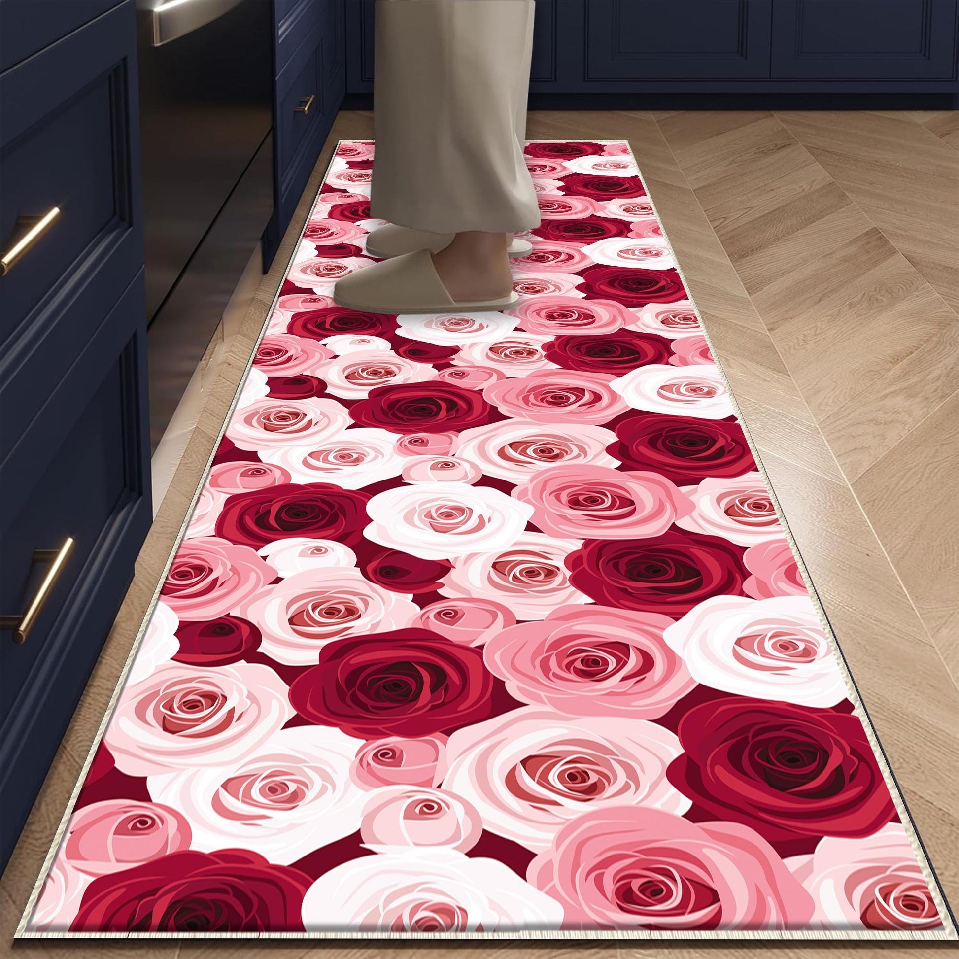 Pink Red Roses Kitchen Runner Rug, Washable Non-Slip Floral Floor Mat, Modern Anti-Fatigue Home Decor Kitchen Mat