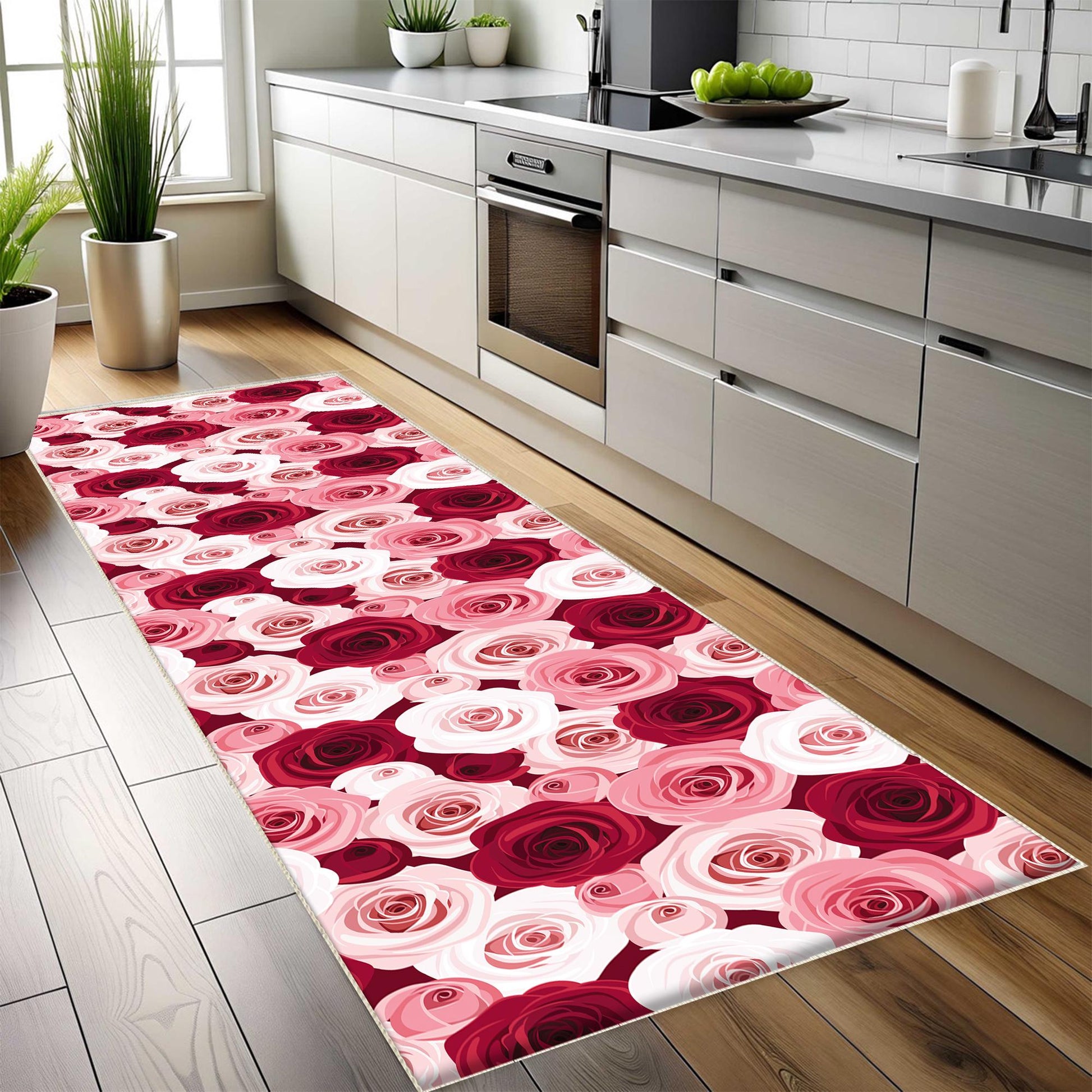 Pink Red Roses Kitchen Runner Rug, Washable Non-Slip Floral Floor Mat, Modern Anti-Fatigue Home Decor Kitchen Mat
