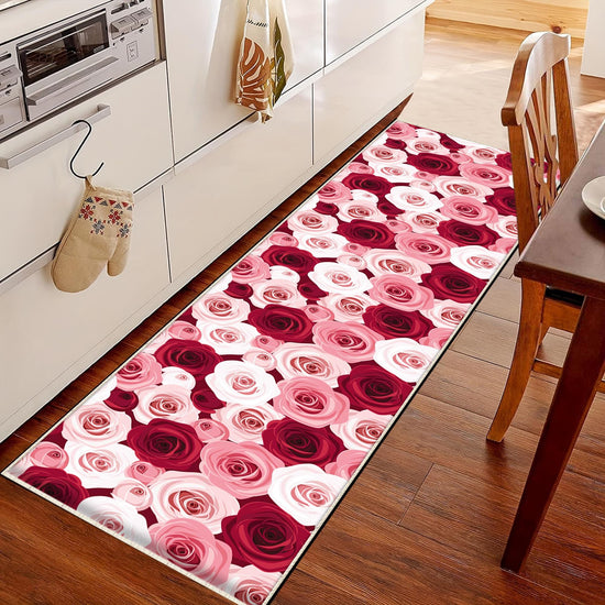 Pink Red Roses Kitchen Runner Rug, Washable Non-Slip Floral Floor Mat, Modern Anti-Fatigue Home Decor Kitchen Mat