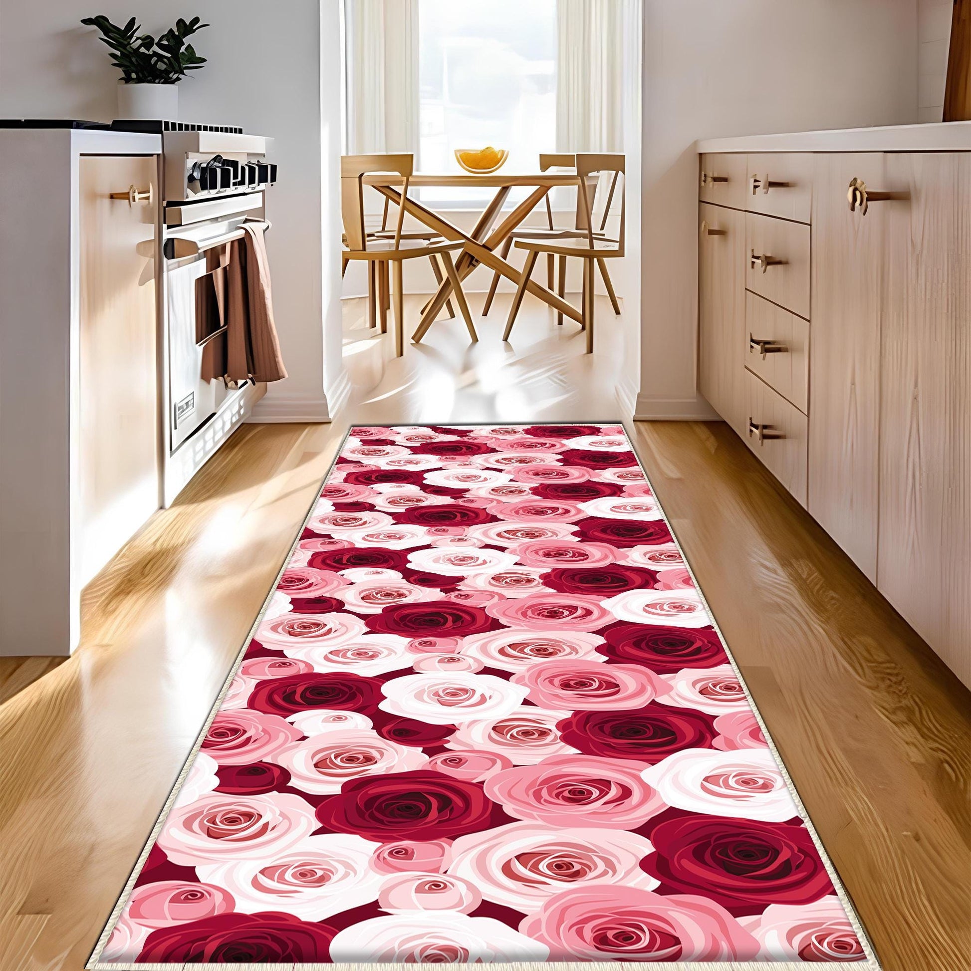 Pink Red Roses Kitchen Runner Rug, Washable Non-Slip Floral Floor Mat, Modern Anti-Fatigue Home Decor Kitchen Mat