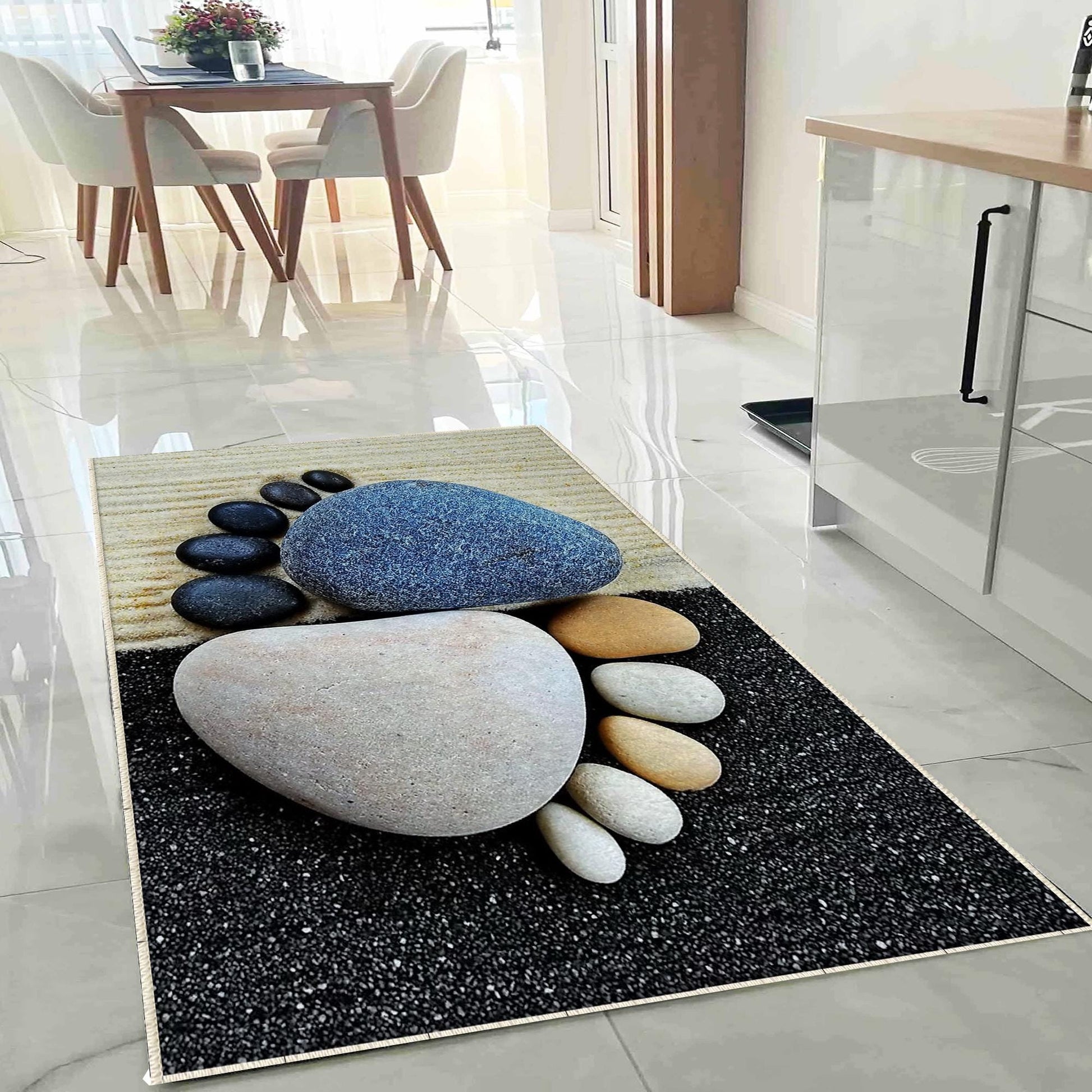 Blue Foot Spa Stones Washable Non-Slip Kitchen Runner Rug, Modern Home Decor Floor Mat, Durable Kitchen Mat
