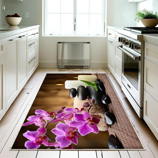 Spa Stone Candles Kitchen Runner Rug - Non-Slip, Washable Floor Mat with Floral Design, Modern Home Decor Kitchen Mat