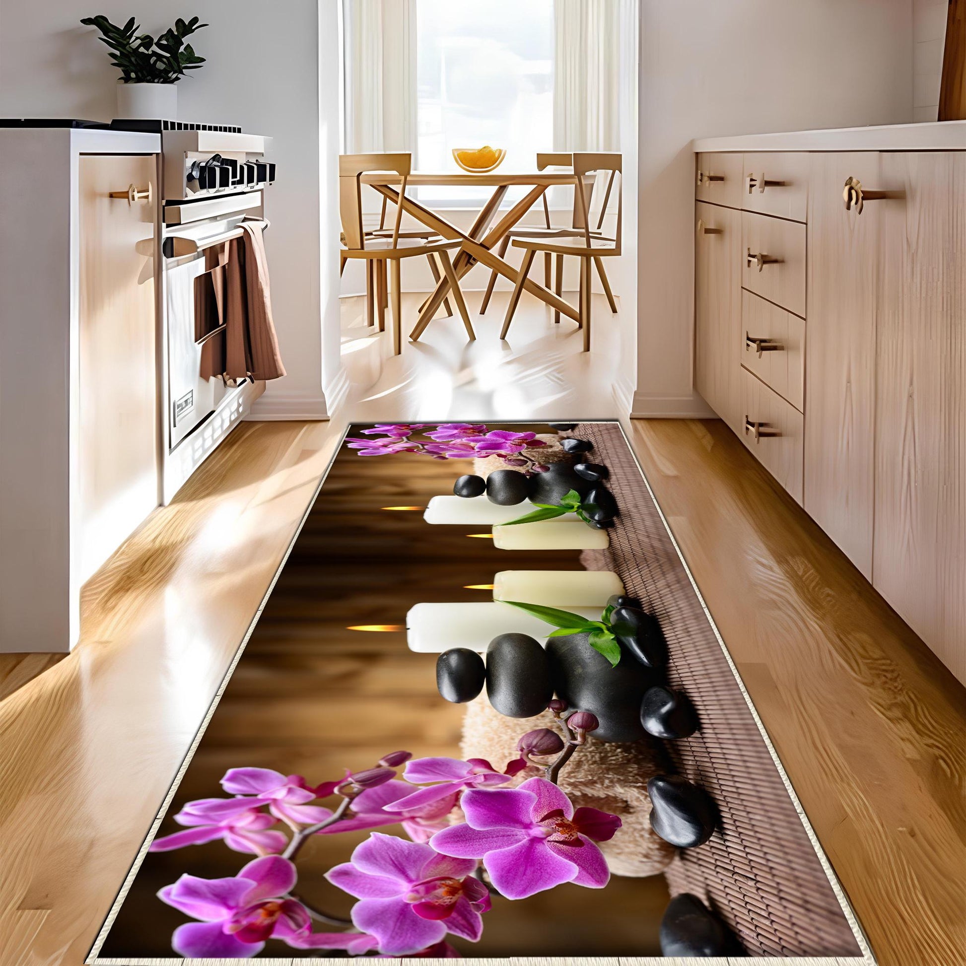 Spa Stone Candles Kitchen Runner Rug - Non-Slip, Washable Floor Mat with Floral Design, Modern Home Decor Kitchen Mat