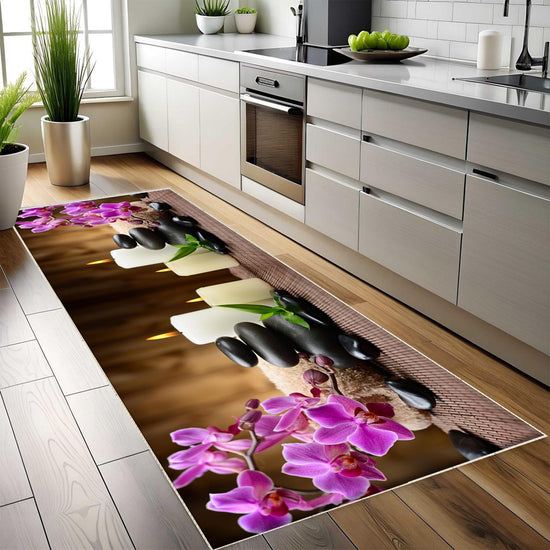 Spa Stone Candles Kitchen Runner Rug - Non-Slip, Washable Floor Mat with Floral Design, Modern Home Decor Kitchen Mat