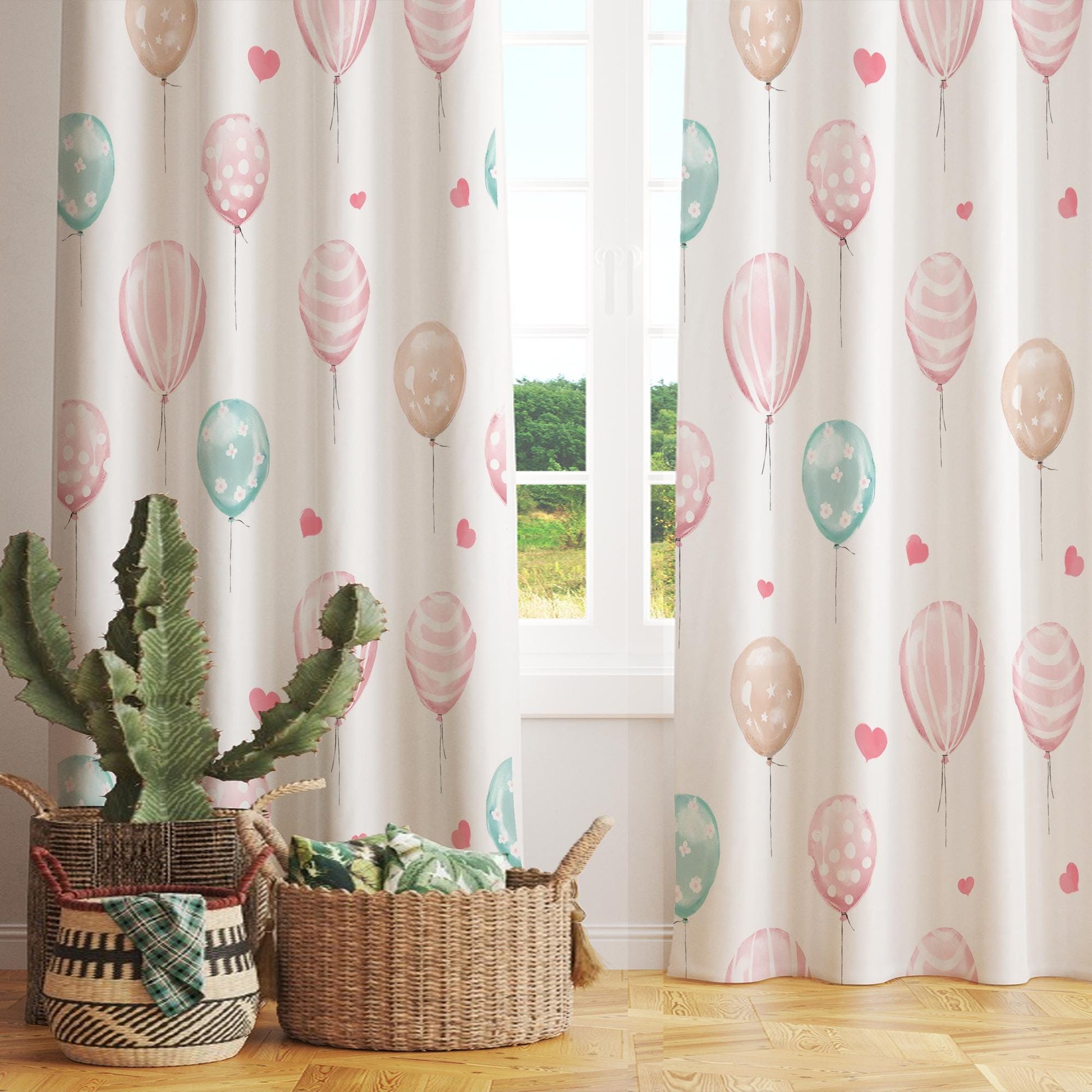 Nursery Curtains Pink Green Balloons Hearts, Custom Baby Room Drapes & Gift Pillow Covers, Cute Bedroom Window Treatment Decor