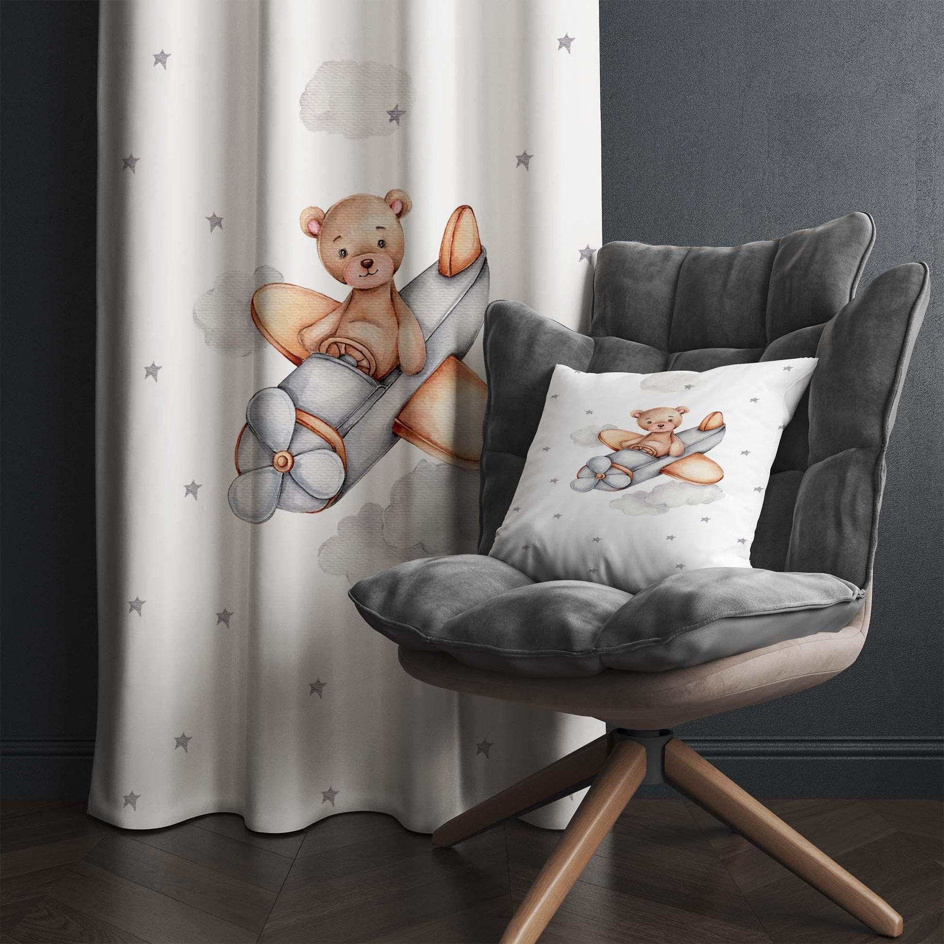 Bear Pilot Plane Clouds Star Baby Nursery Curtains , Custom Baby Room Drapes & Gift Pillow Covers, Cute Bedroom Window Treatment Decor