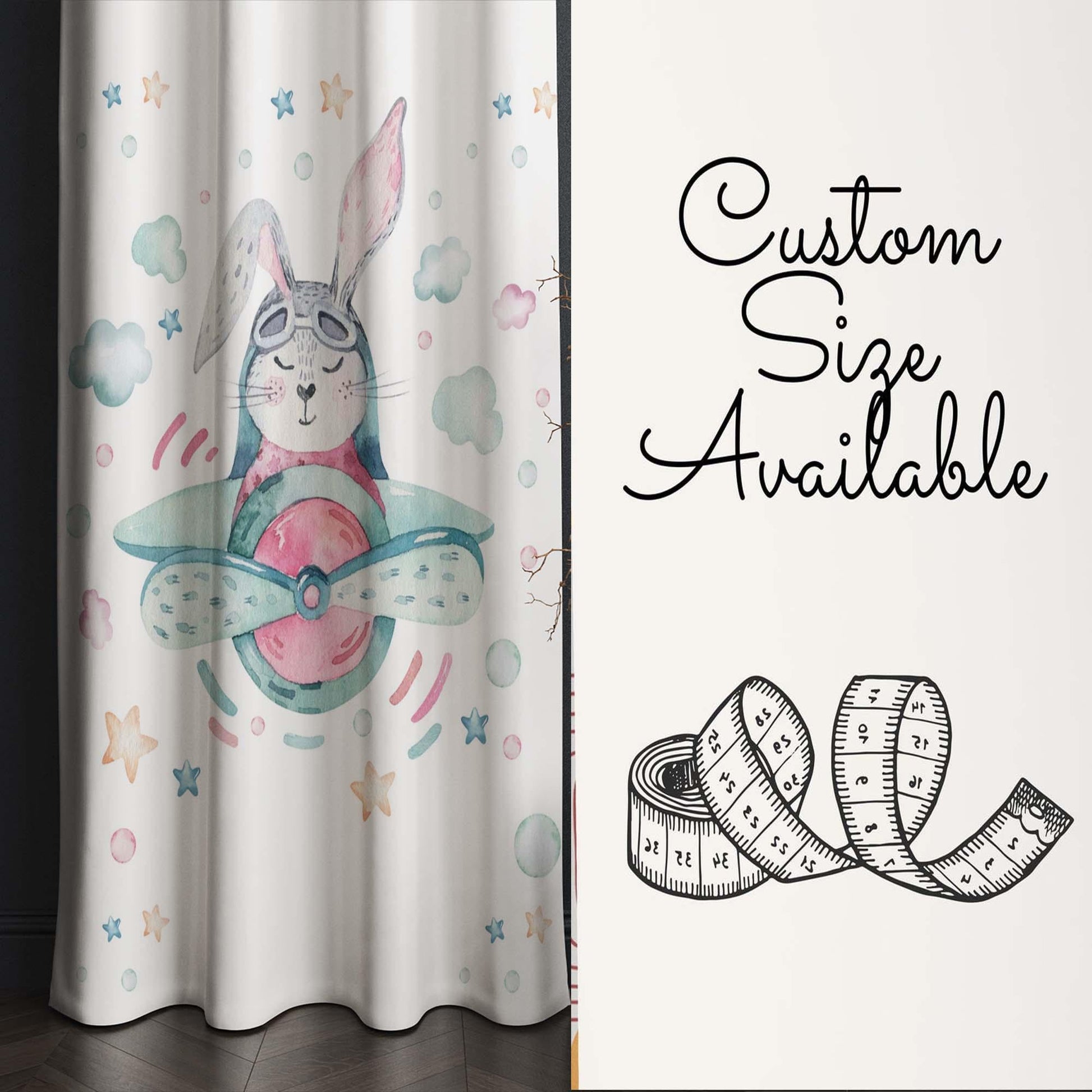 Bunny Rabbit Pilot Plane Clouds Baby Nursery Curtains , Custom Baby Room Drapes, Gift Pillow Covers, Cute Bedroom Window Treatment Decor