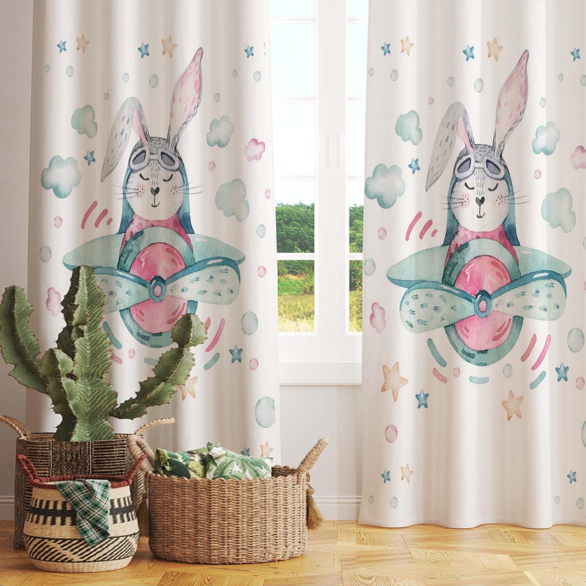 Bunny Rabbit Pilot Plane Clouds Baby Nursery Curtains , Custom Baby Room Drapes, Gift Pillow Covers, Cute Bedroom Window Treatment Decor