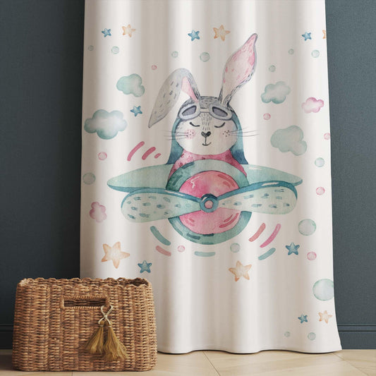 Bunny Rabbit Pilot Plane Clouds Baby Nursery Curtains , Custom Baby Room Drapes, Gift Pillow Covers, Cute Bedroom Window Treatment Decor
