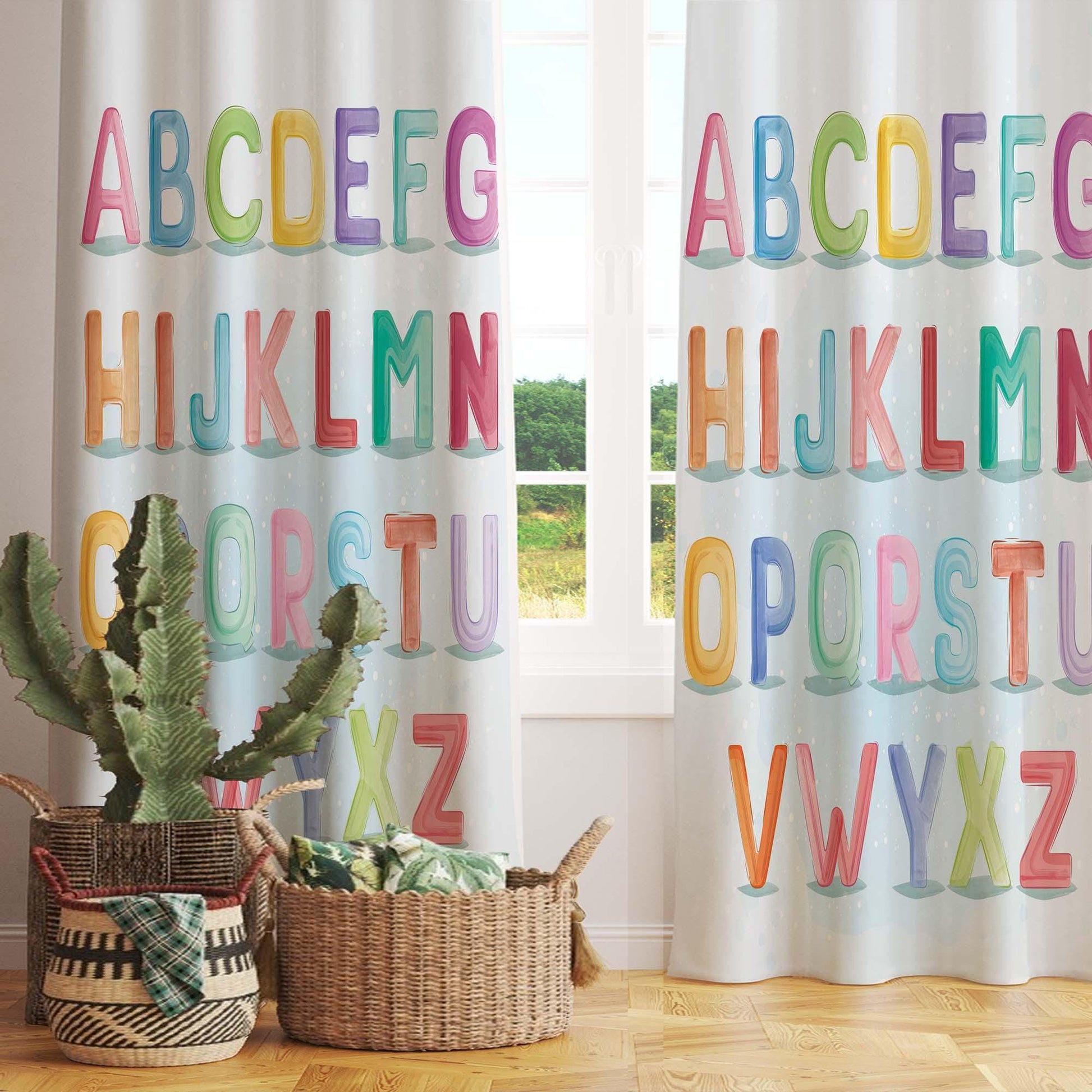 Alphabet Educational Letters Nursery Curtains – Custom Kids Room Drapes & Cute Bedroom Window Treatment Decor with Gift Pillow Covers
