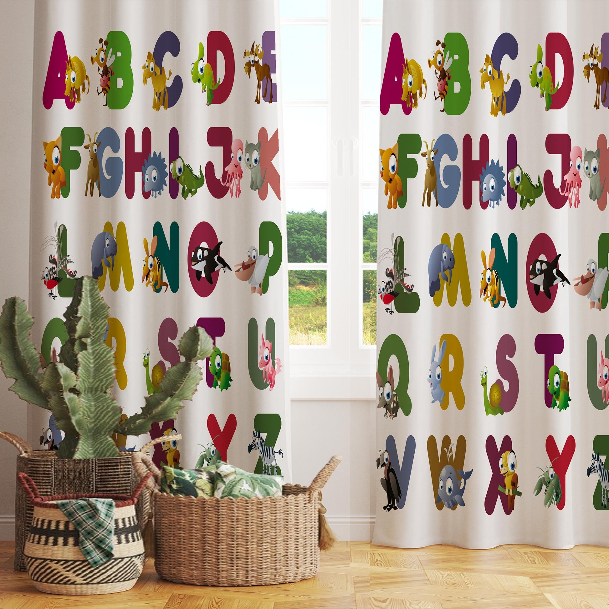 Alphabet Educational Animals Nursery Curtains – Custom Kids Room Drapes & Cute Bedroom Window Treatment Decor with Gift Pillow Covers