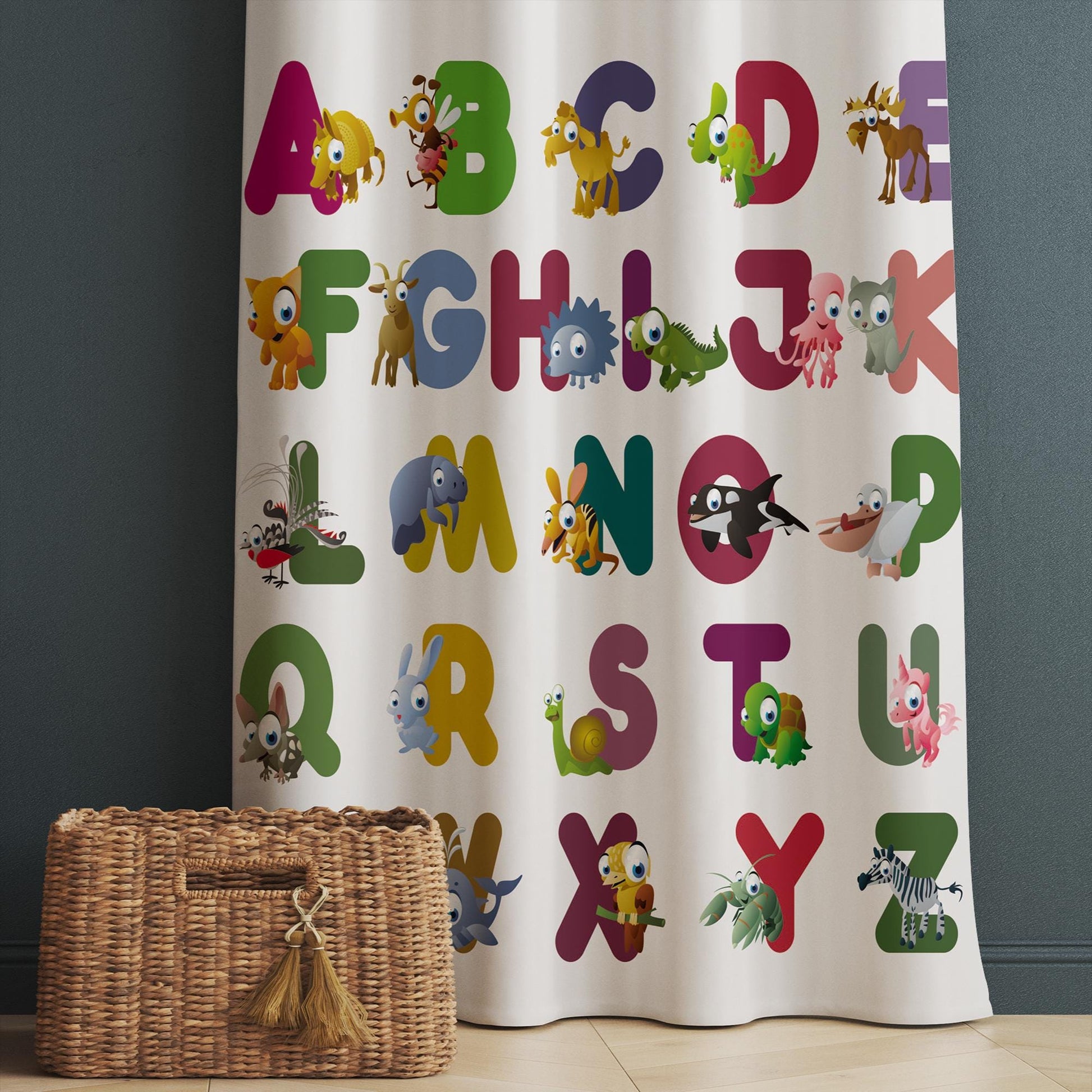 Alphabet Educational Animals Nursery Curtains – Custom Kids Room Drapes & Cute Bedroom Window Treatment Decor with Gift Pillow Covers
