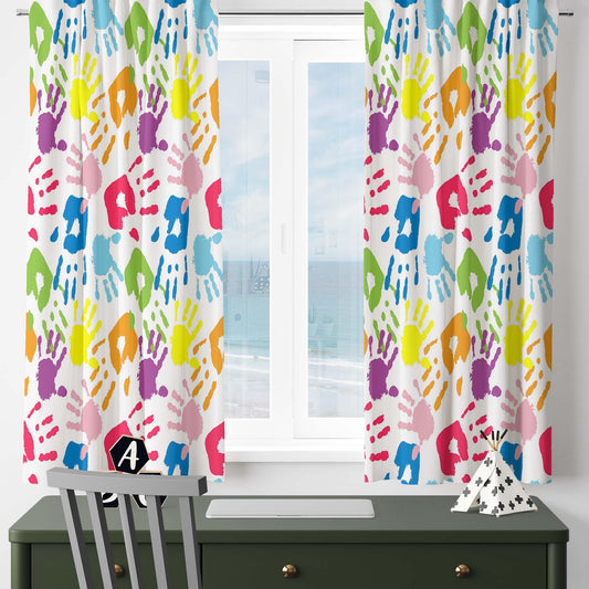 Colorful Kids Hands Pattern Nursery Curtains – Custom Kids Room Drapes & Cute Bedroom Window Treatment Decor with Gift Pillow Covers