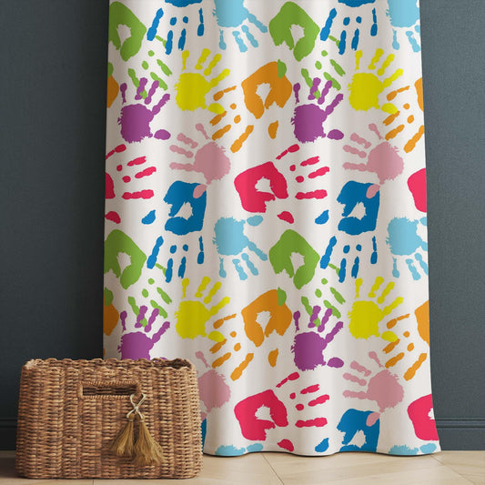 Colorful Kids Hands Pattern Nursery Curtains – Custom Kids Room Drapes & Cute Bedroom Window Treatment Decor with Gift Pillow Covers