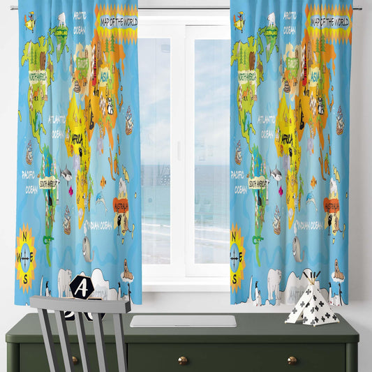 Educational Animal Earth Map Nursery Curtains – Custom Kids Room Drapes & Cute Bedroom Window Treatment Decor with Gift Pillow Covers