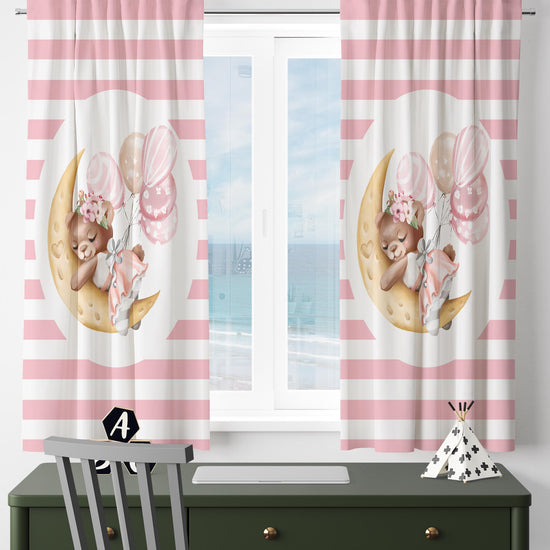 Moon on Sleep Baby Bear Animal Girl Nursery Curtains – Custom Kids Room Drapes & Cute Bedroom Window Treatment Decor with Gift Pillow Covers