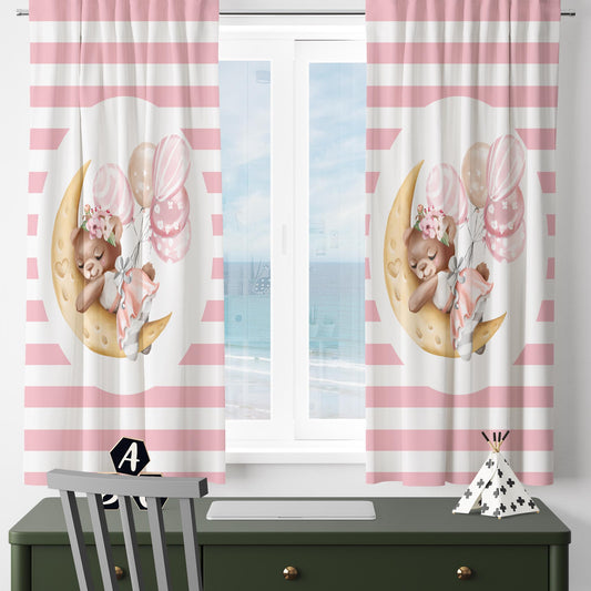 Moon on Sleep Baby Bear Animal Girl Nursery Curtains – Custom Kids Room Drapes & Cute Bedroom Window Treatment Decor with Gift Pillow Covers
