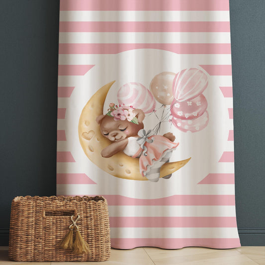 Moon on Sleep Baby Bear Animal Girl Nursery Curtains – Custom Kids Room Drapes & Cute Bedroom Window Treatment Decor with Gift Pillow Covers
