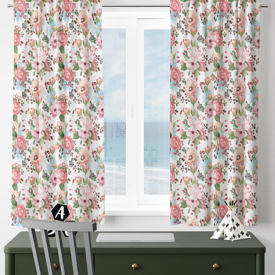 Colorful Flowers Floral Roses Girl Nursery Curtains – Custom Kids Room Drapes & Cute Bedroom Window Treatment Decor with Gift Pillow Covers