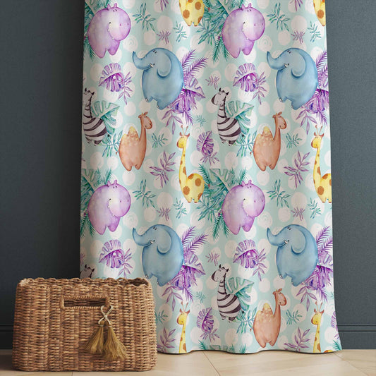 Nursery Curtains with Elephant Hippo Zebra Giraffe Animals – Custom Kids Room Drapes & Cute Bedroom Window Decor with Gift Pillow Covers