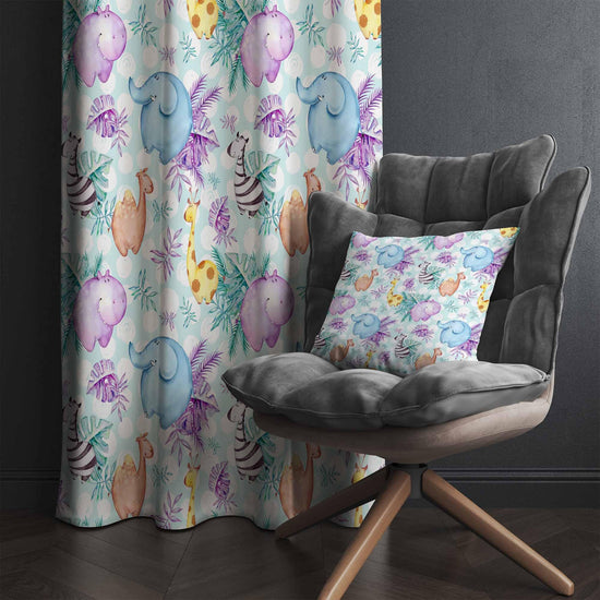 Nursery Curtains with Elephant Hippo Zebra Giraffe Animals – Custom Kids Room Drapes & Cute Bedroom Window Decor with Gift Pillow Covers