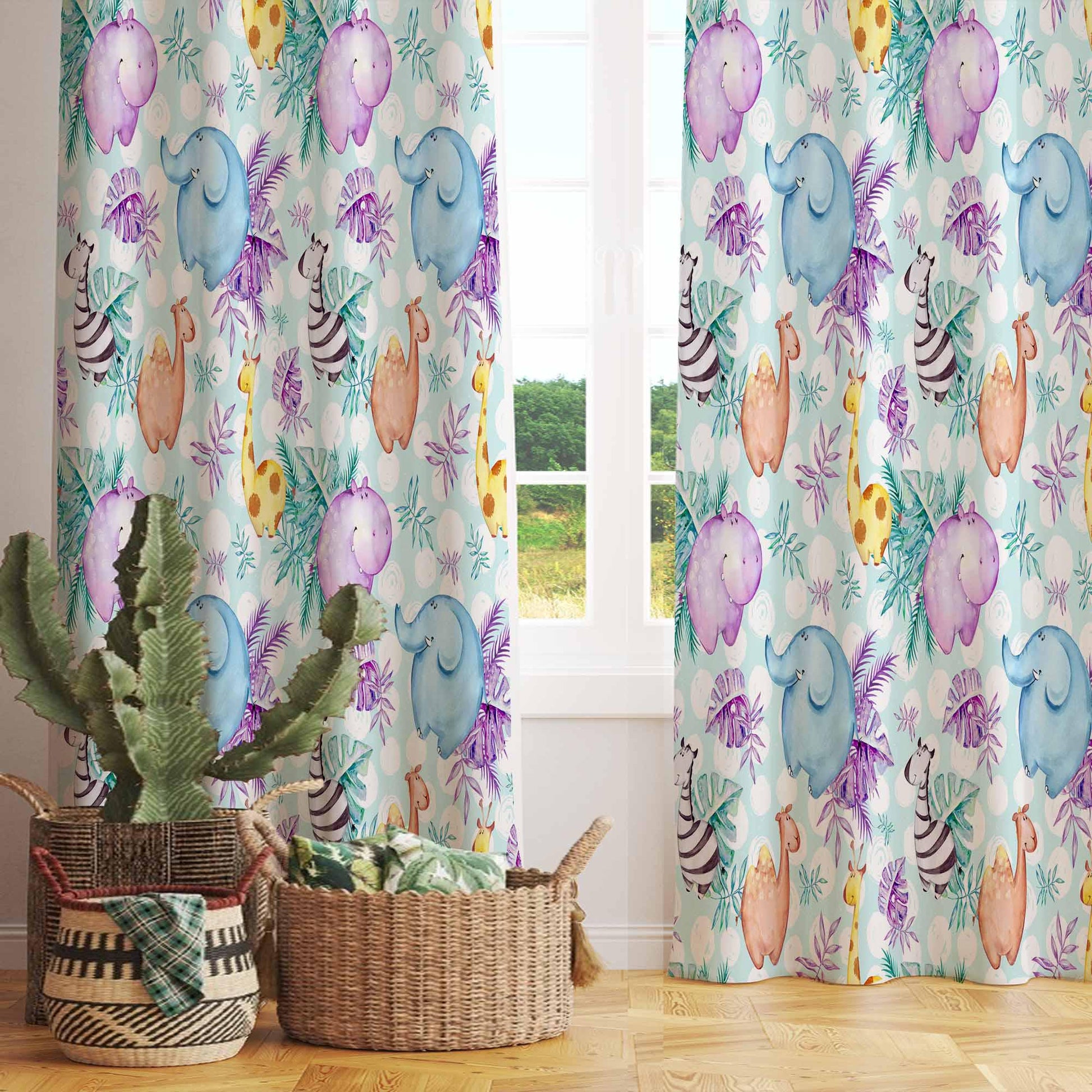 Nursery Curtains with Elephant Hippo Zebra Giraffe Animals – Custom Kids Room Drapes & Cute Bedroom Window Decor with Gift Pillow Covers