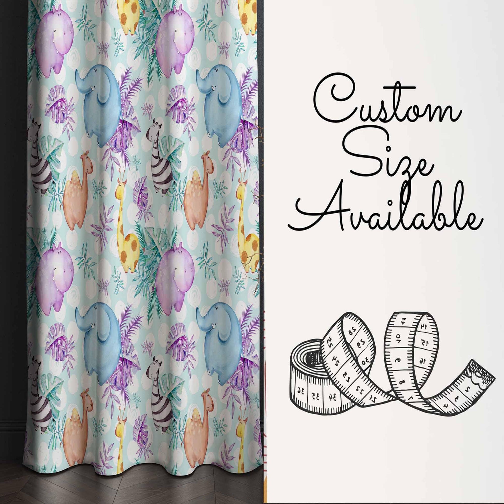 Nursery Curtains with Elephant Hippo Zebra Giraffe Animals – Custom Kids Room Drapes & Cute Bedroom Window Decor with Gift Pillow Covers