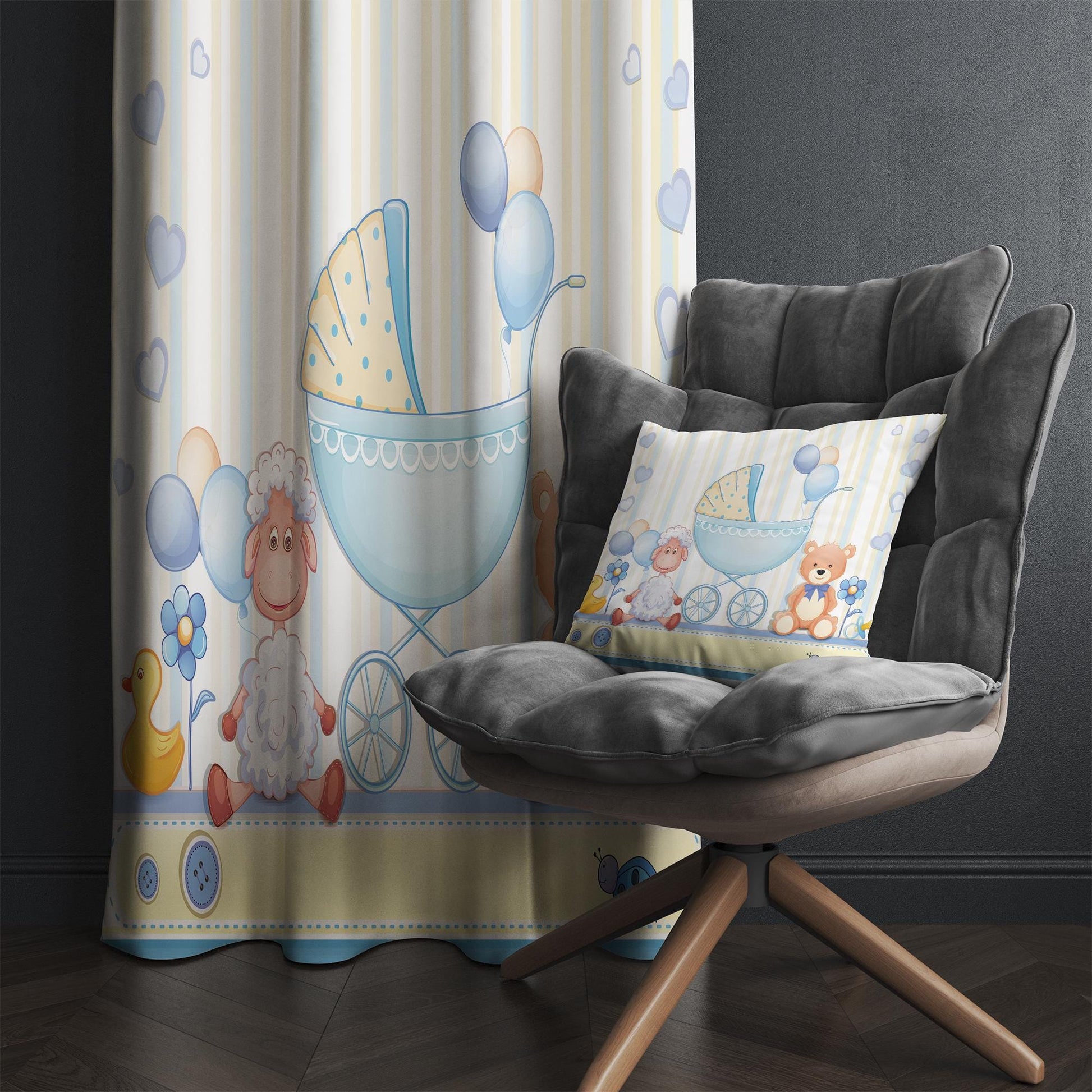 Nursery Curtains with Cute Blue Ship Lamb Bear Animals – Custom Kids Room Drapes, Boys Baby Room Decor with Gift Pillow Covers
