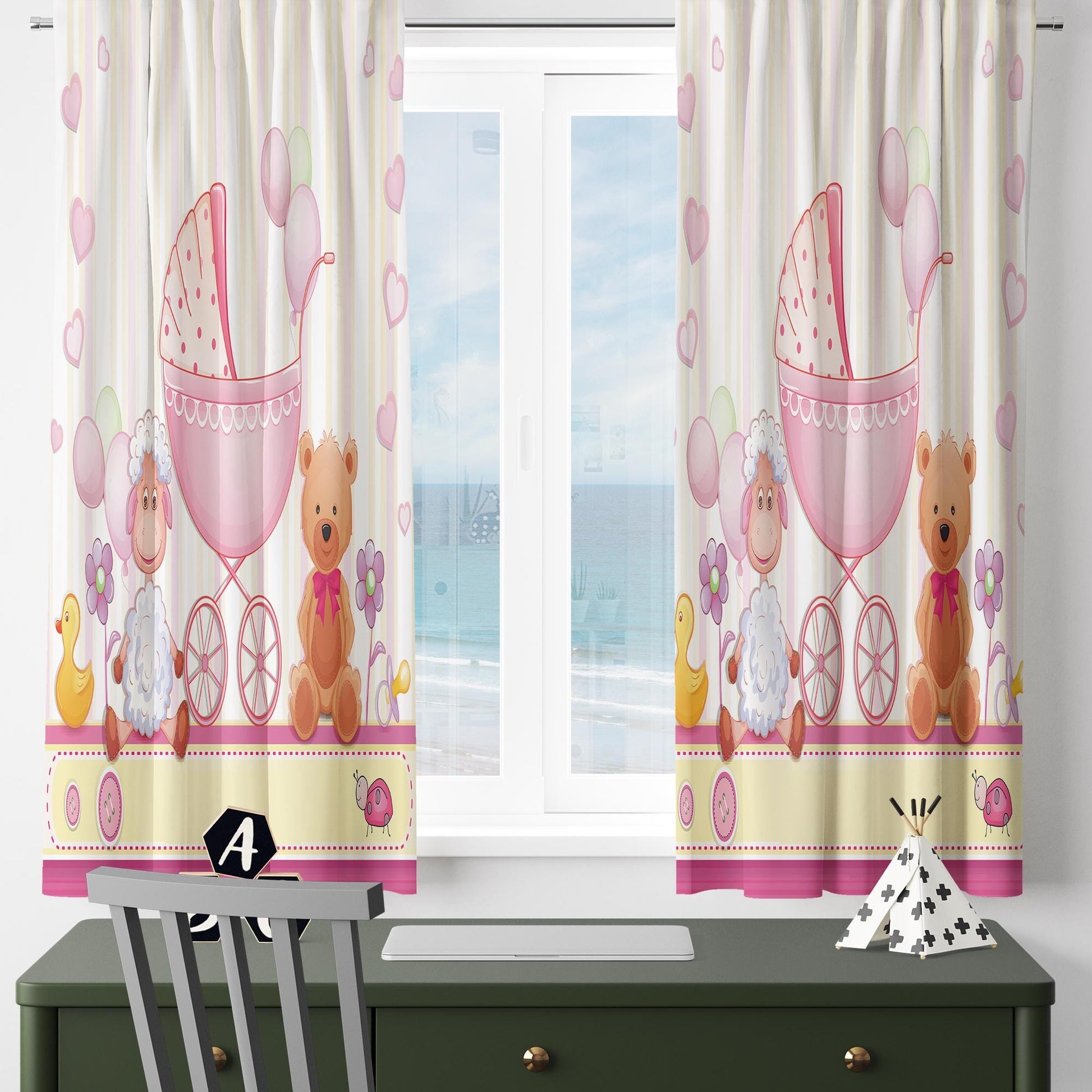 Nursery Curtains with Cute Pink Ship Lamb Bear Animals – Custom Baby Room Drapes, Girls Baby Room Decor with Gift Pillow Covers