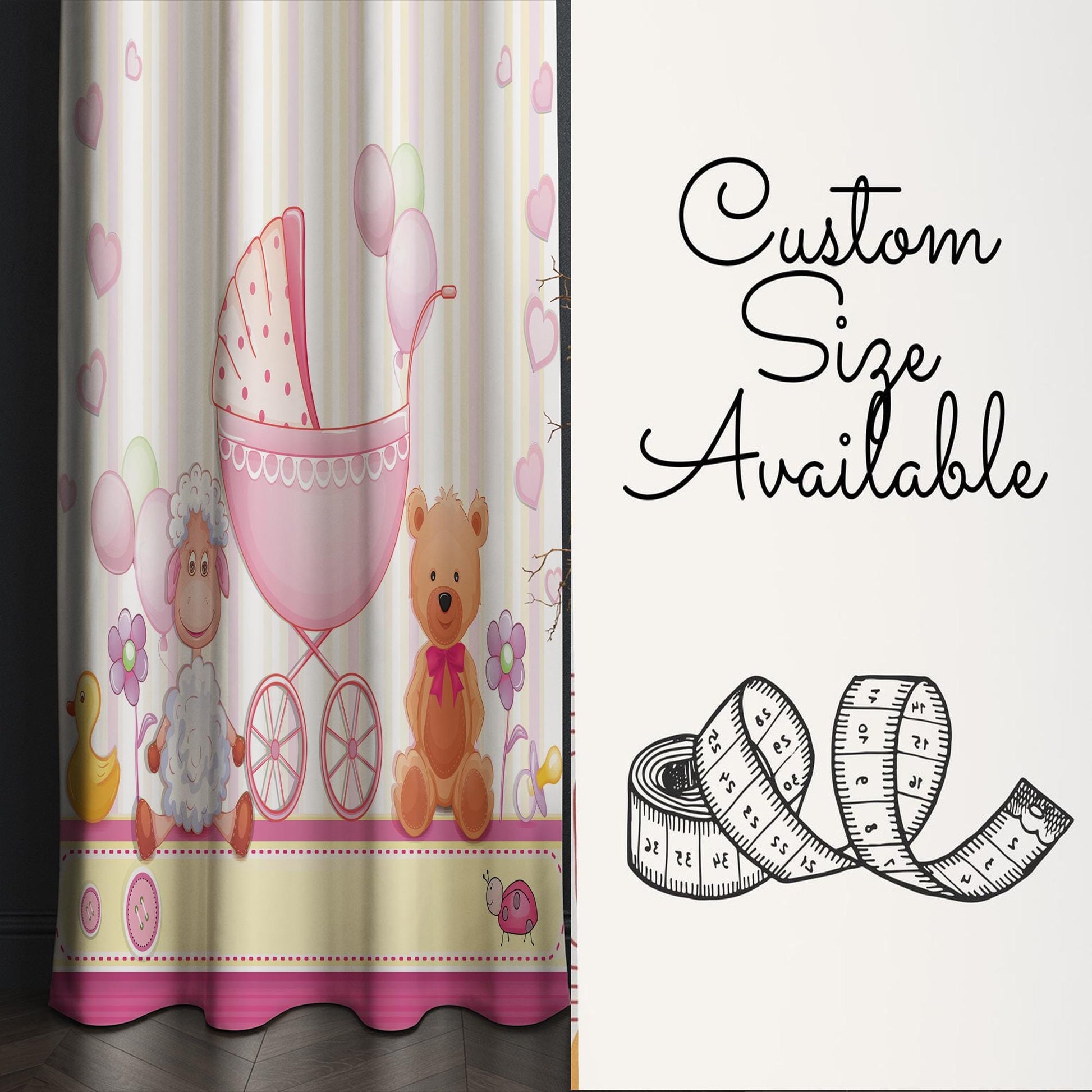 Nursery Curtains with Cute Pink Ship Lamb Bear Animals – Custom Baby Room Drapes, Girls Baby Room Decor with Gift Pillow Covers