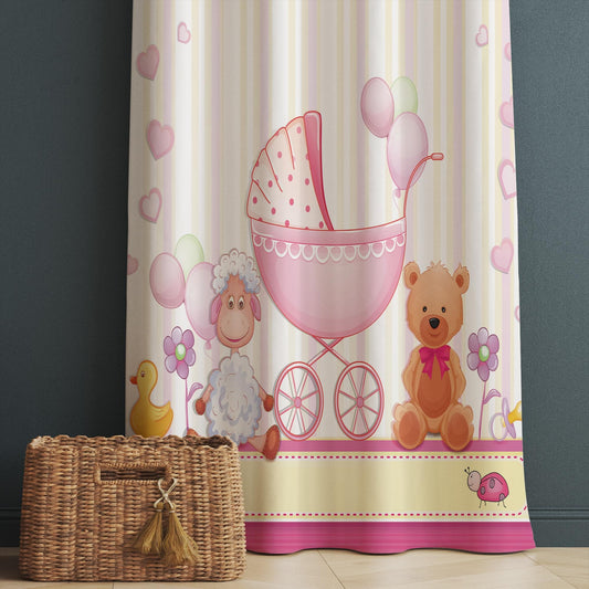 Nursery Curtains with Cute Pink Ship Lamb Bear Animals – Custom Baby Room Drapes, Girls Baby Room Decor with Gift Pillow Covers