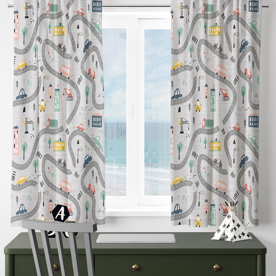 Gray Car City Road Map Nursery Curtains - Custom Size Kids Room Drapes & Pillow Covers, Toddler Room Decor, City Road Theme Gift