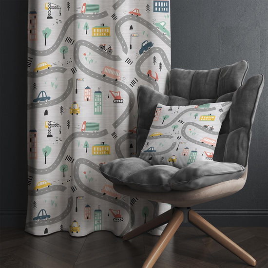 Gray Car City Road Map Nursery Curtains - Custom Size Kids Room Drapes & Pillow Covers, Toddler Room Decor, City Road Theme Gift
