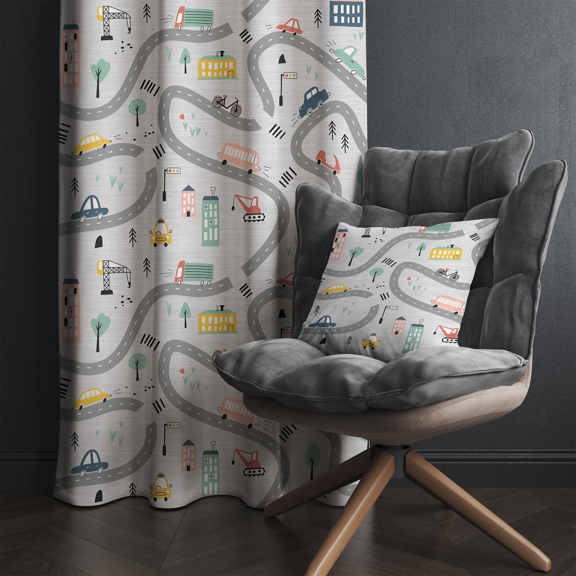 Gray Car City Road Map Nursery Curtains - Custom Size Kids Room Drapes & Pillow Covers, Toddler Room Decor, City Road Theme Gift