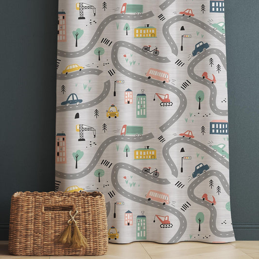 Gray Car City Road Map Nursery Curtains - Custom Size Kids Room Drapes & Pillow Covers, Toddler Room Decor, City Road Theme Gift