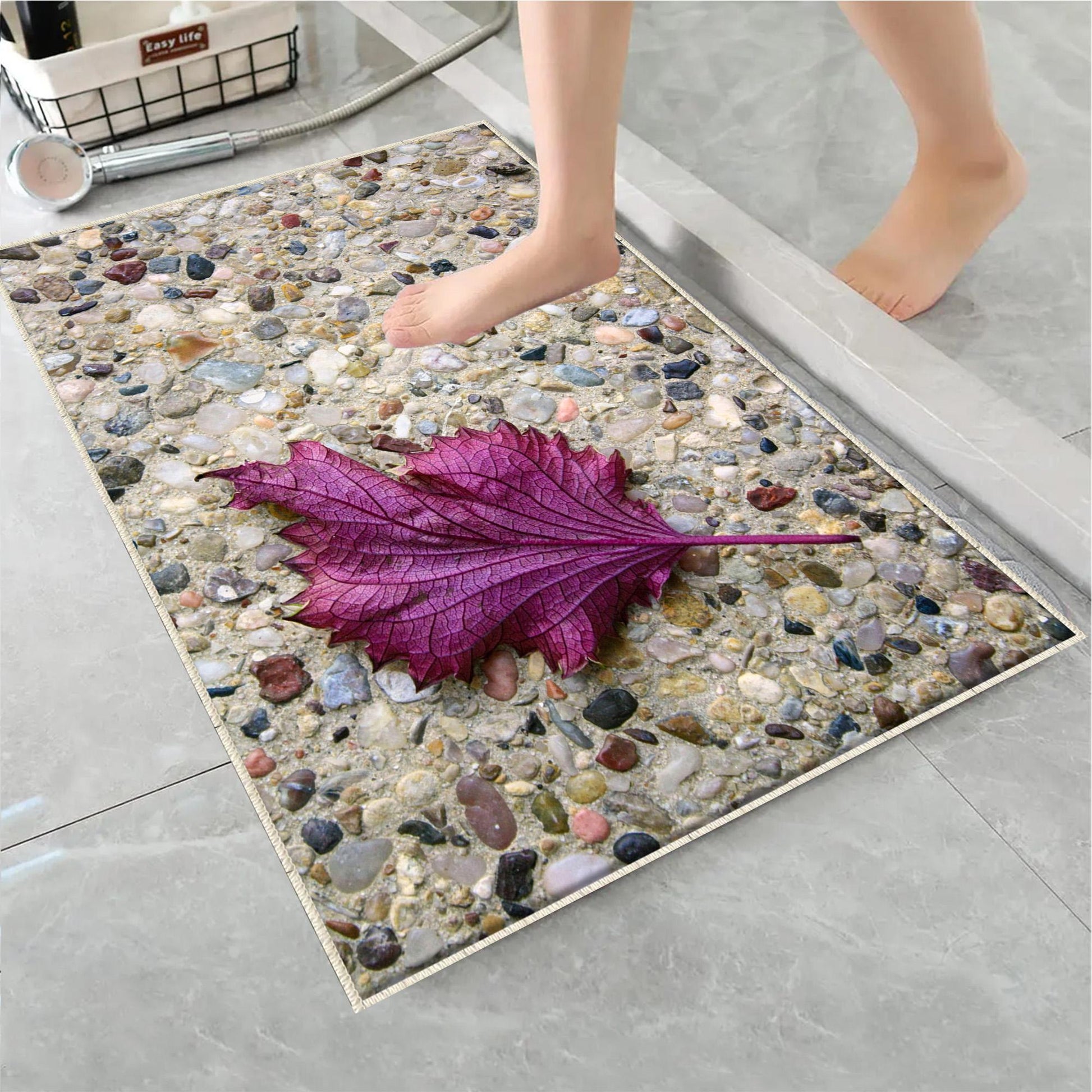 Stone Purple Leaf Bathroom Rug - Floral Non Slip Bath Mat, Quick Dry Washable Toilet Mat, Soft Modern Bathroom Decor
