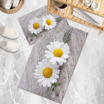 Daisy Flowers Gray Bathroom Rug - Floral Non Slip Bath Mat, Quick Dry Washable Toilet Mat, Soft Modern Bathroom Decor