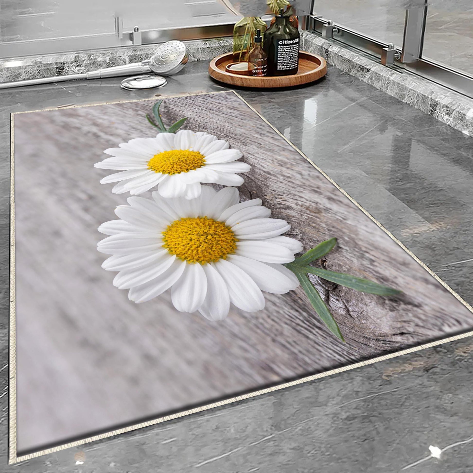 Daisy Flowers Gray Bathroom Rug - Floral Non Slip Bath Mat, Quick Dry Washable Toilet Mat, Soft Modern Bathroom Decor