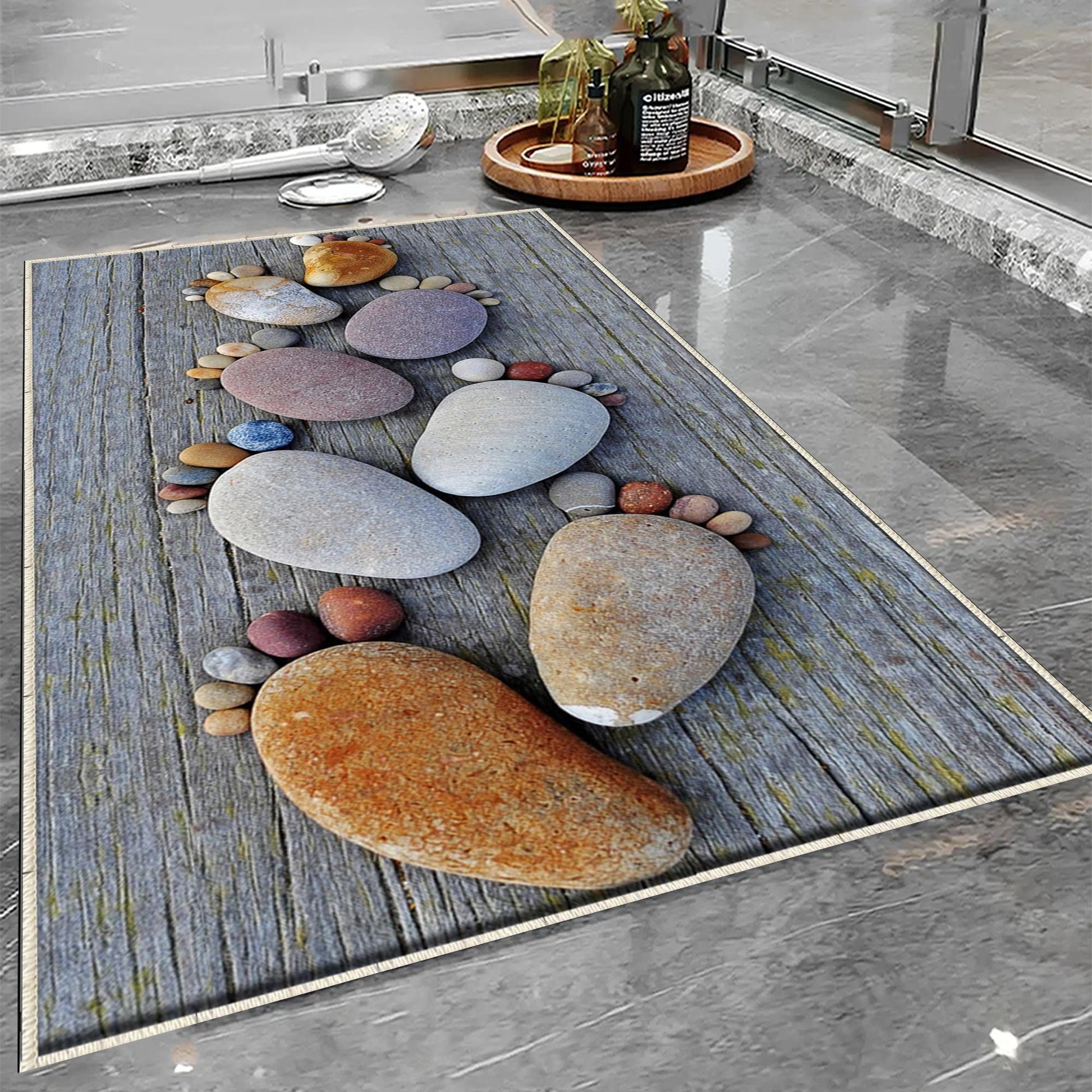 Gray Foot Stones Bathroom Rug - Non Slip Bath Mat, Quick Dry Washable Toilet Mat, Soft Modern Bathroom Decor