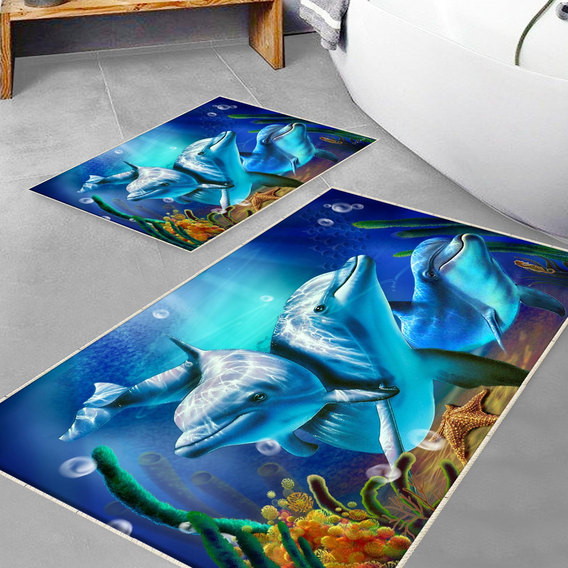 Blue Dolphins Bathroom Rug - Under Sea Non Slip Bath Mat, Quick Dry Washable Toilet Mat, Soft Modern Bathroom Decor