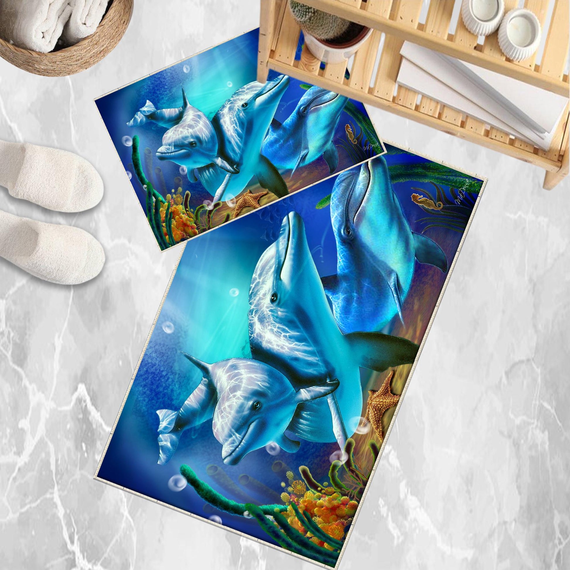 Blue Dolphins Bathroom Rug - Under Sea Non Slip Bath Mat, Quick Dry Washable Toilet Mat, Soft Modern Bathroom Decor
