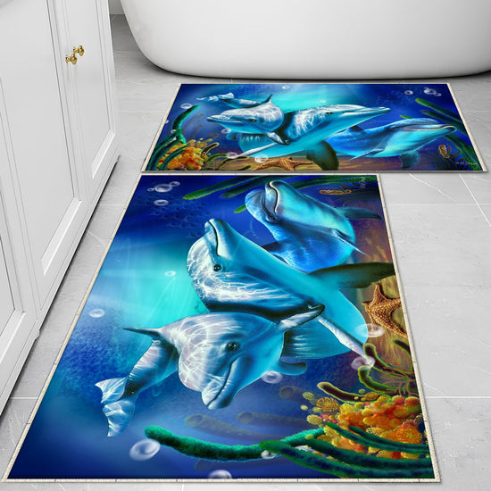 Blue Dolphins Bathroom Rug - Under Sea Non Slip Bath Mat, Quick Dry Washable Toilet Mat, Soft Modern Bathroom Decor