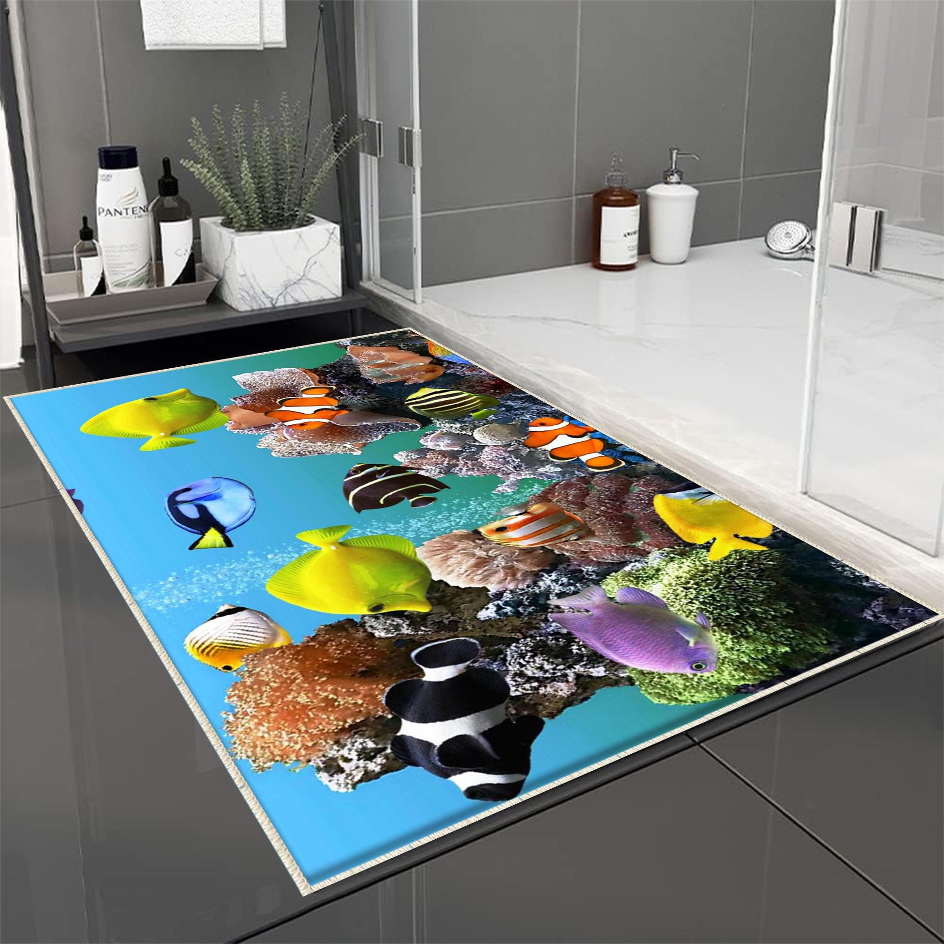 Colorful Tropical Fishes Bathroom Rug - Under Sea Non Slip Bath Mat, Quick Dry Washable Toilet Mat, Soft Modern Bathroom Decor