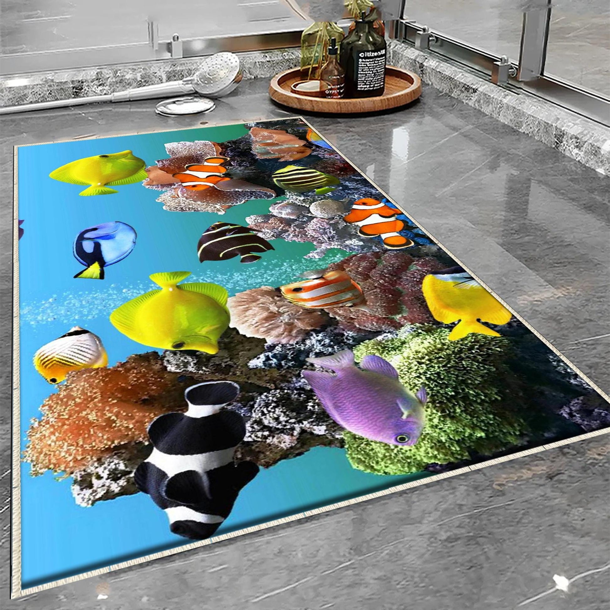 Colorful Tropical Fishes Bathroom Rug - Under Sea Non Slip Bath Mat, Quick Dry Washable Toilet Mat, Soft Modern Bathroom Decor