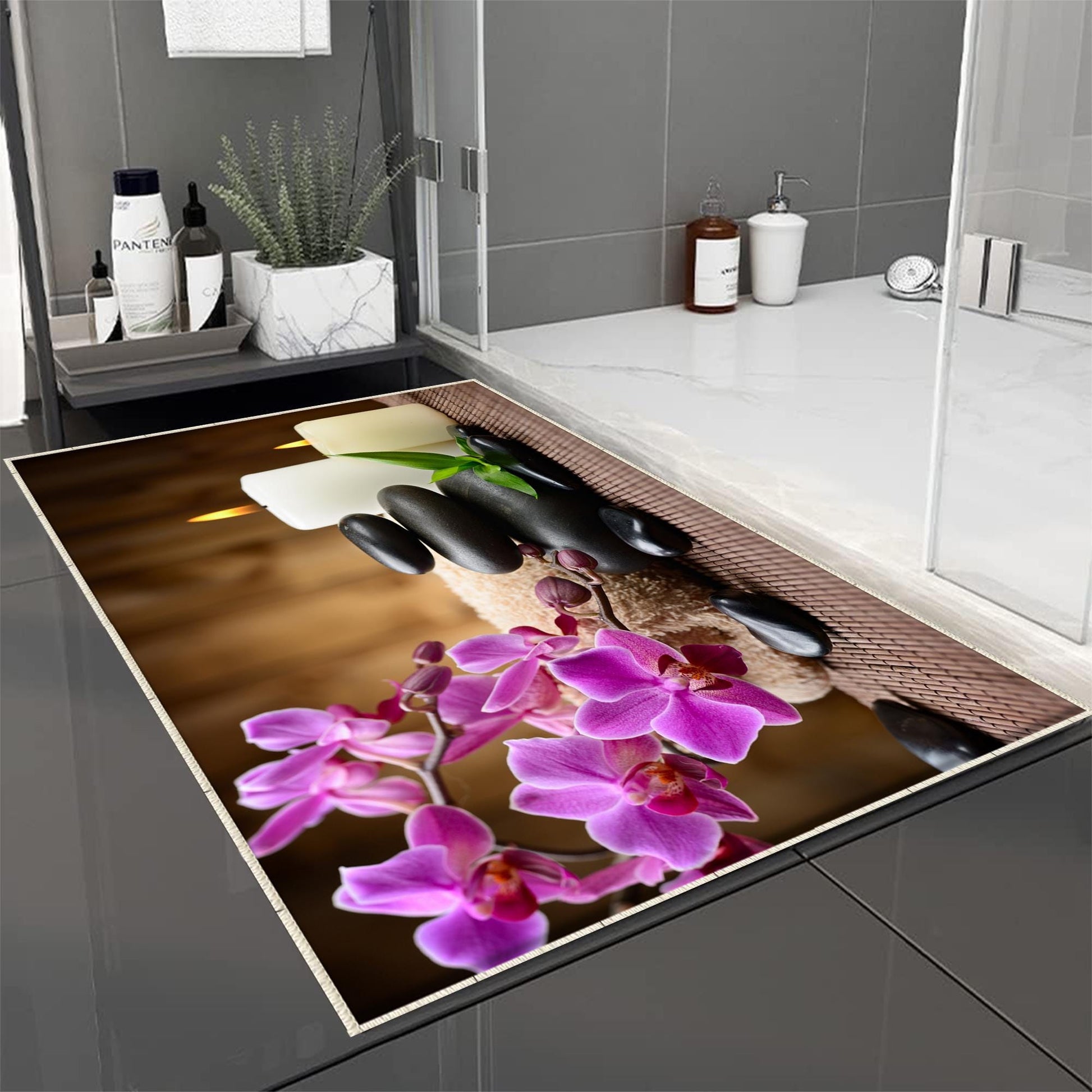 Spa Candles Purple Flowers Bathroom Rug - Floral Non Slip Bath Mat, Quick Dry Washable Toilet Mat, Soft Modern Bathroom Decor