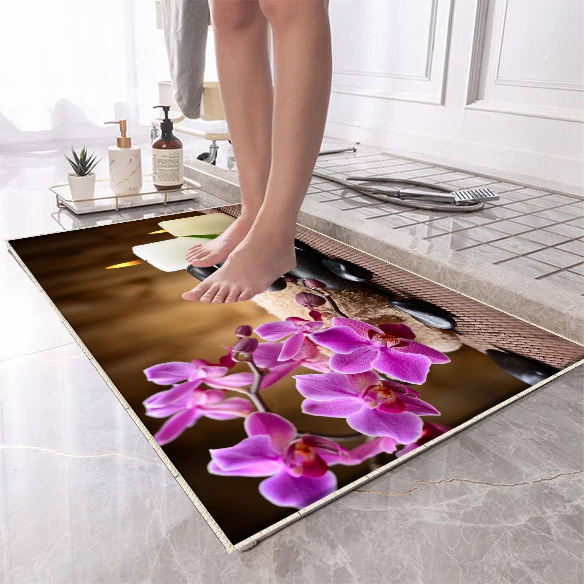 Spa Candles Purple Flowers Bathroom Rug - Floral Non Slip Bath Mat, Quick Dry Washable Toilet Mat, Soft Modern Bathroom Decor